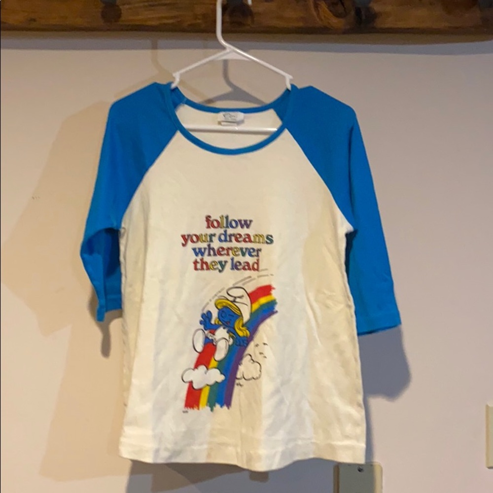 Vintage Smurfette Blue & White “Follow Your Dreams” Raglan 3/4 Sleeve Tee